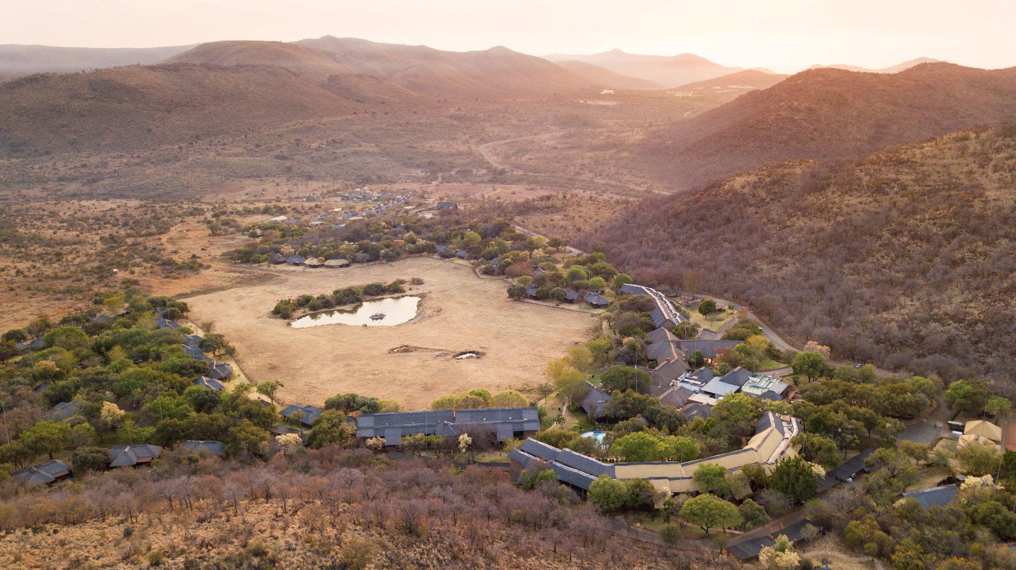 Aerial view of Bakubung Bush Lodge nestled in the Pilanesberg landscape